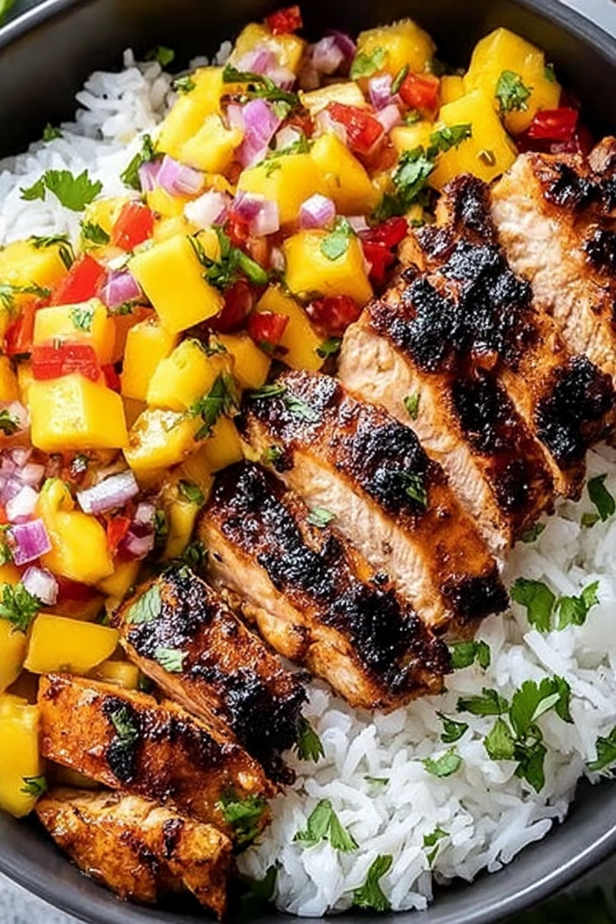 Jerk Chicken Bowls with Mango Salsa and Coconut Rice image 2