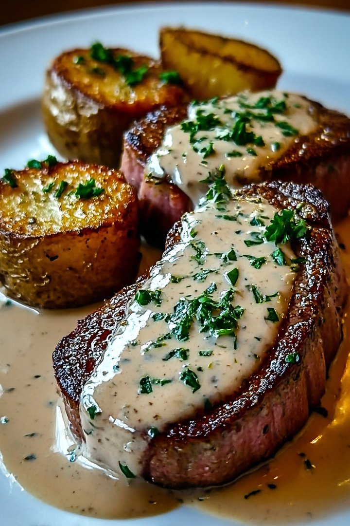 Steak with Haunted Peach nectar with vanilla Garlic Cream Sauce image 2