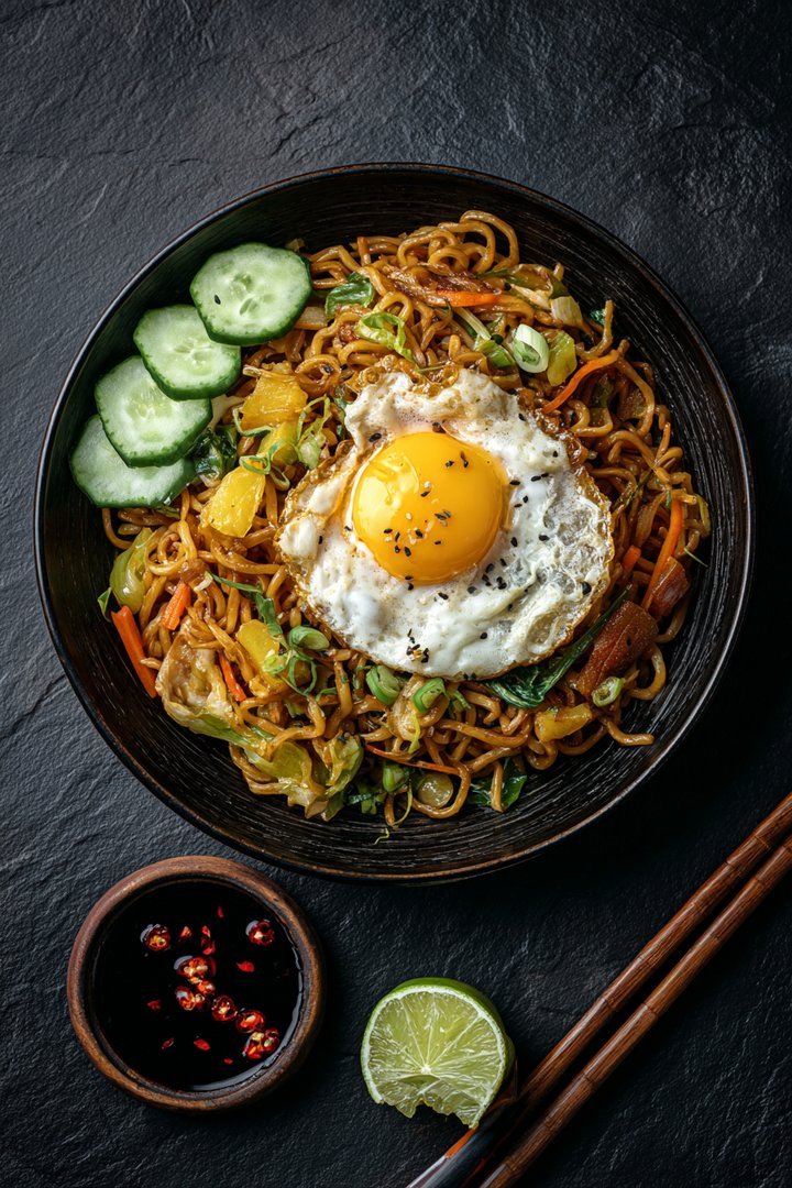 Fried noodles like at a Chinese restaurant, with egg and vegetables image 2